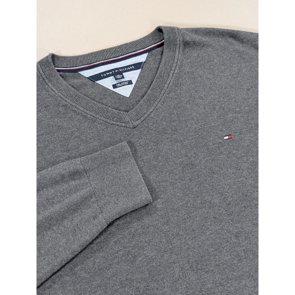 Tommy Hilfiger Sweater Mens XXL Gray Pima Cotton Pullover V-Neck Preppy